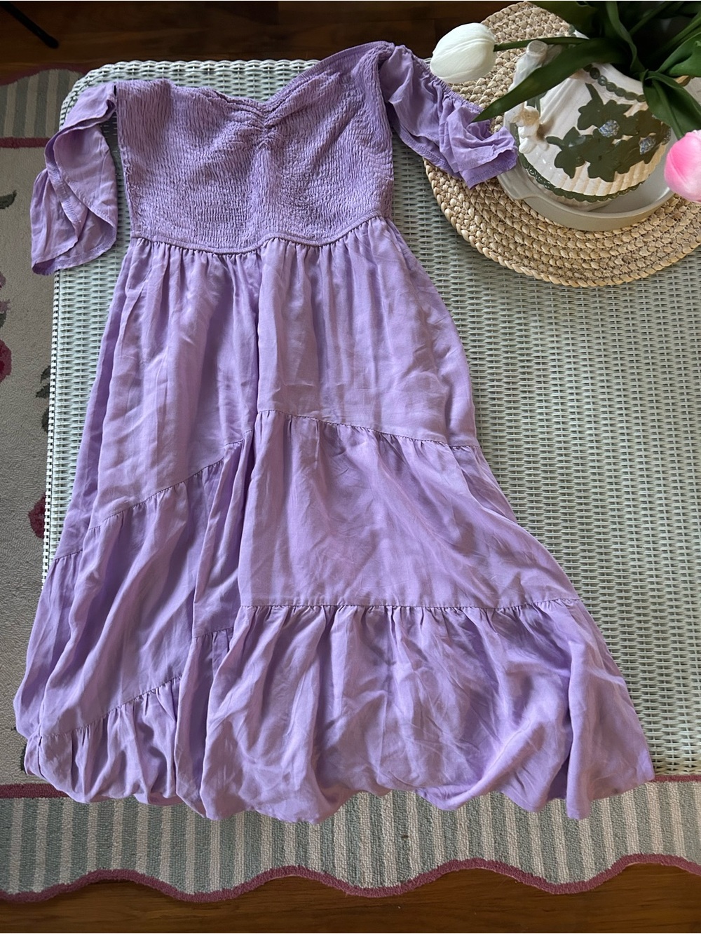 Smocked Lavender Tiered Midi Dress - Casual Women’s Dress